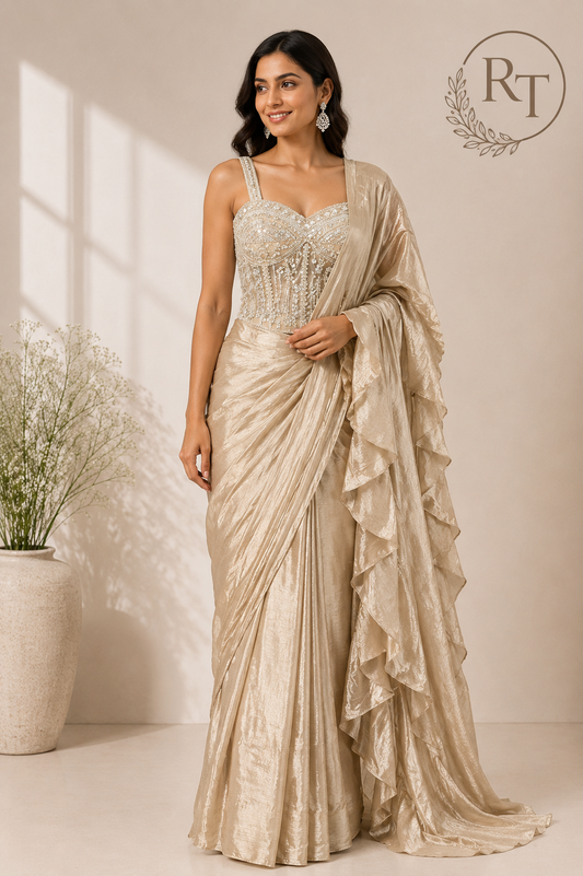 Champagne Georgette One Minute Ready-to-Wear Saree (RT1276)