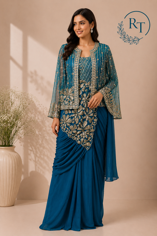 Peacock Blue Georgette Premium One Minute Saree (RT1277)