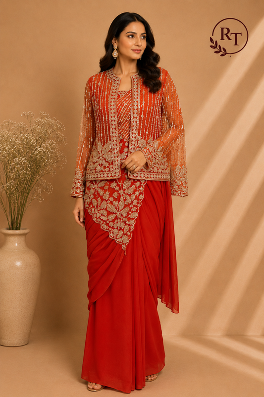 Radiant Rust Georgette Embroidered One Minute Saree (RT1280)