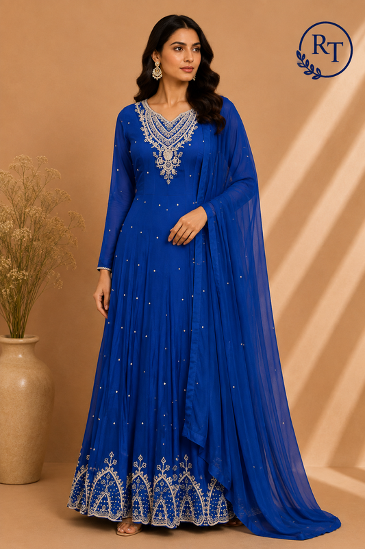 Royal Sapphire Chinon Embroidered Anarkali Suit Set (RT1278)