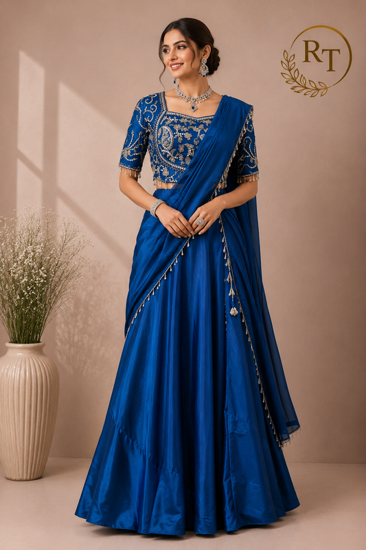 Royal Sapphire Blue Embroidered Satin Lehenga Set with Draped Dupatta (RT1296)