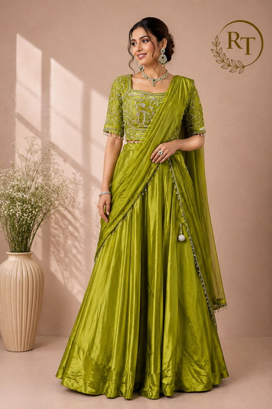 Luminous Lime Green Embroidered Satin Lehenga Set with Draped Dupatta (RT1297)