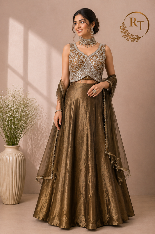 Regal Chocolate Bronze Floral Embroidered Metallic Lehenga Choli Set with Sheer Dupatta (RT1287)