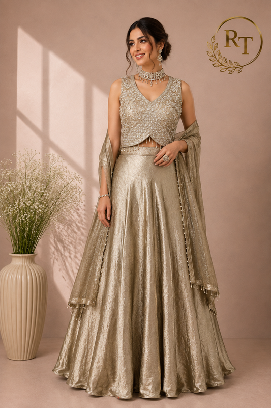 Opulent Antique Gold Floral Embroidered Jacquard Lehenga Choli Set with Designer Dupatta (RT1286)