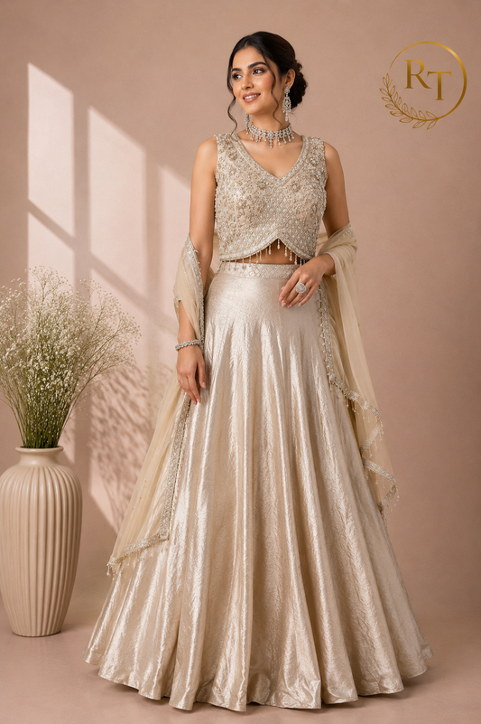 Regal Ivory Pearl Embroidered Jacquard Lehenga Choli with Sheer Embellished Dupatta (RT1284)