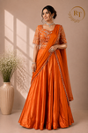 Vibrant Sunset Orange Embroidered Satin Lehenga Set with Draped Dupatta (RT1298)