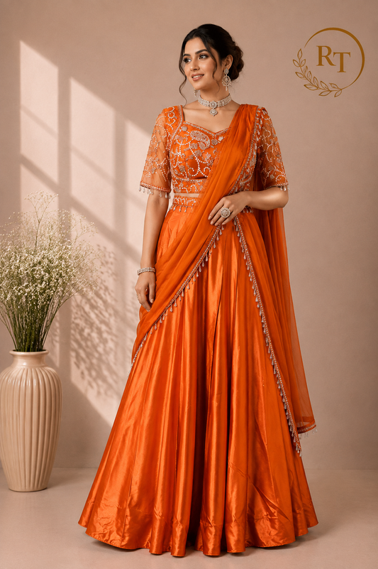 Vibrant Sunset Orange Embroidered Satin Lehenga Set with Draped Dupatta (RT1298)