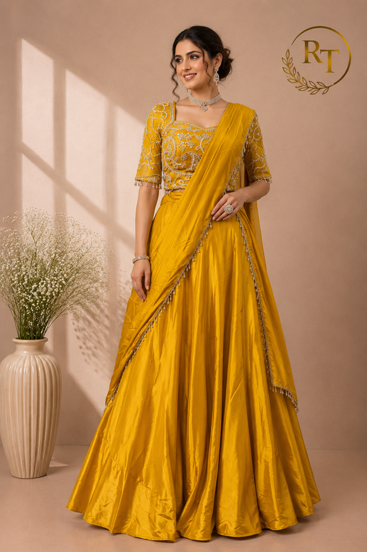Regal Golden Mustard Embroidered Satin Lehenga Set with Draped Dupatta (RT1299)