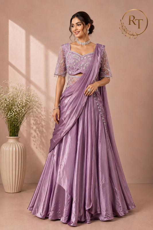 Enchanting Lavender Lilac Embroidered Satin Lehenga Set with Draped Dupatta (RT1300)
