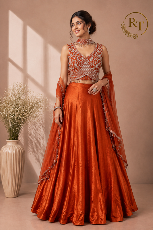 Royal Burnt Orange Embroidered Brocade Lehenga Choli Set with Sheer Dupatta (RT1283)