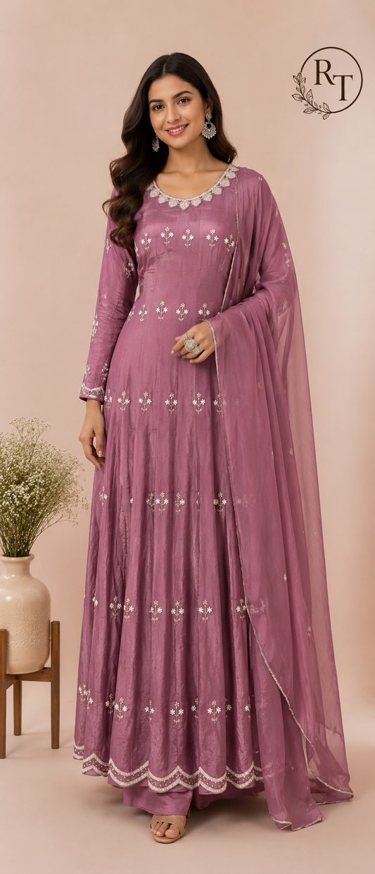 Mauve Royale Premium Chinon Embroidered Anarkali Set (RT1174)