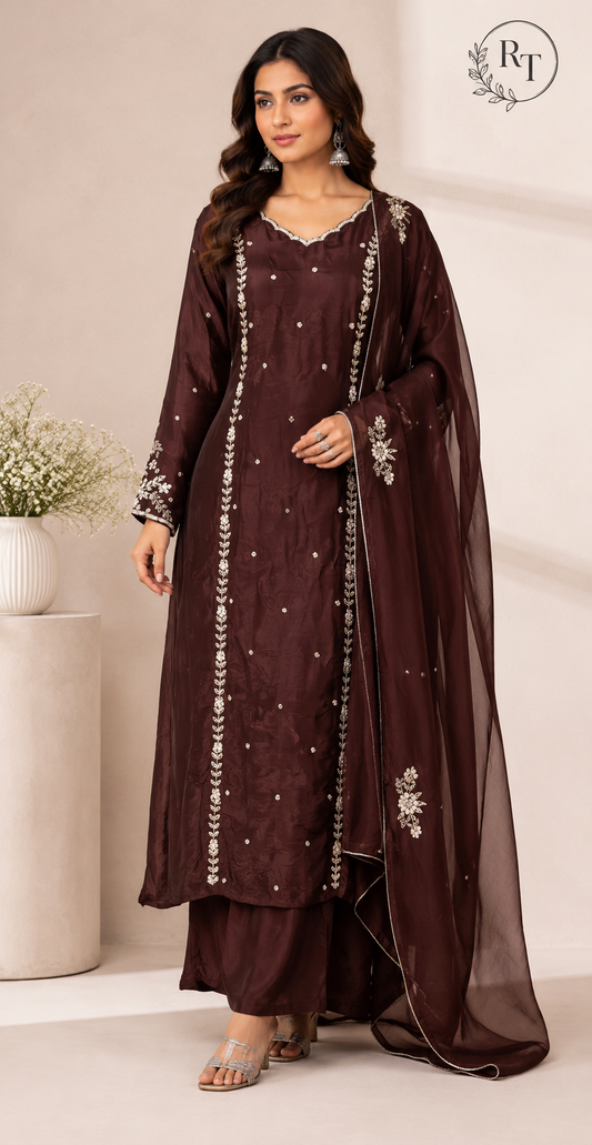 Coffee Brown Elegance Premium HO A-Line Suit Set (RT1178)