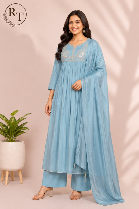Blue Breeze Premium Mull Chanderi A-Line Suit Set (RT1184)