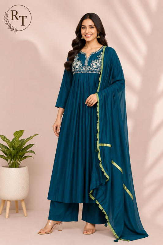 Teal Grace Premium Mull Chanderi A-Line Suit Set (RT1185)