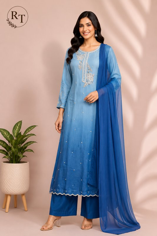 Azure Ombre Premium Chinon Embroidered A-Line Suit Set (RT1189)