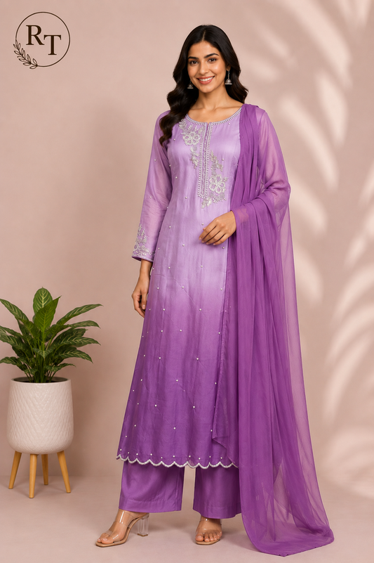 Orchid Ombre Premium Chinon Embroidered A-Line Suit Set (RT1190)
