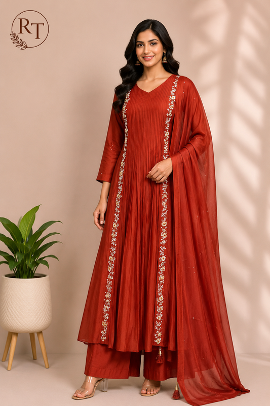 Copper Glow Premium Mull Chanderi Embroidered Suit Set (RT1193)
