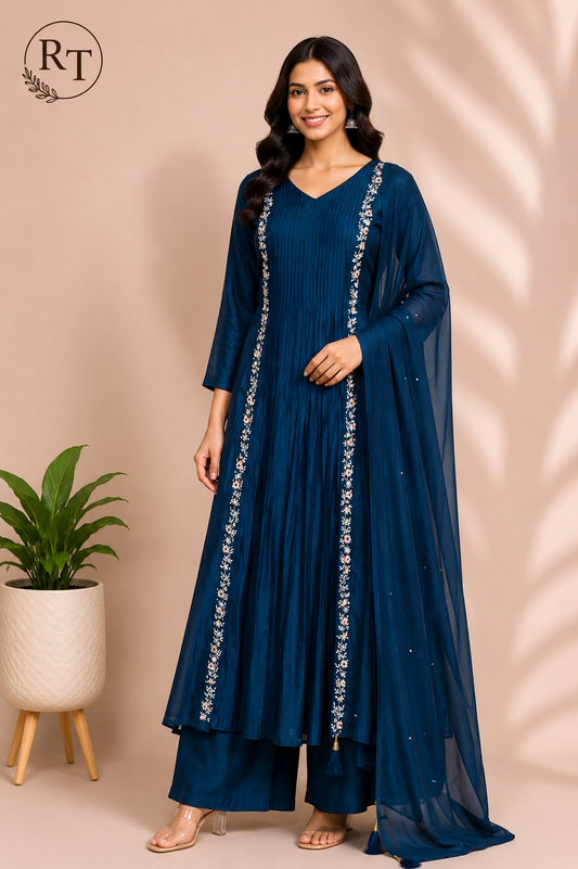 Ocean Crest Premium Mull Chanderi Embroidered Suit Set (RT1194)