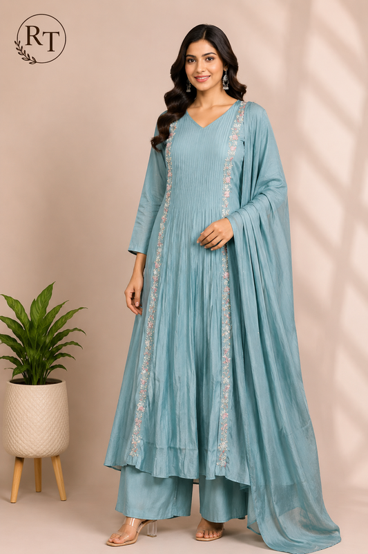Misty Horizon Premium Mull Chanderi Embroidered Suit Set (RT1196)