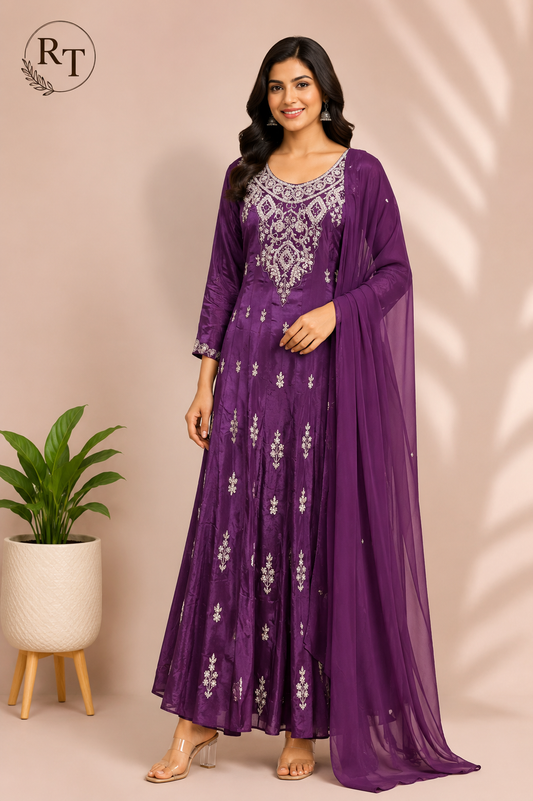 Plum Royale Premium Chinon Embroidered Anarkali Suit Set (RT1192)