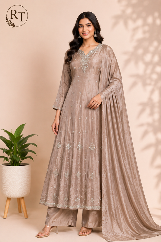 Sandstone Glow Premium Chinon Anarkali Suit Set (RT1199)