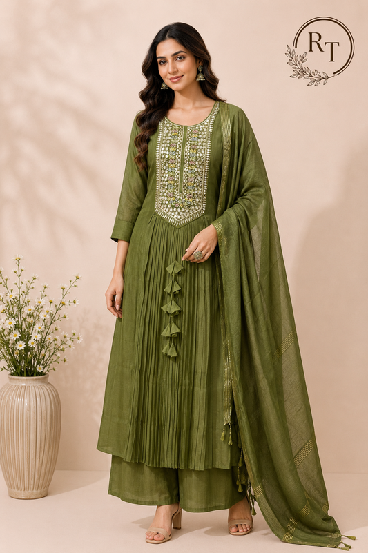 Verdant Aura Premium Mull Chanderi Embellished A-Line Suit Set (RT1203)