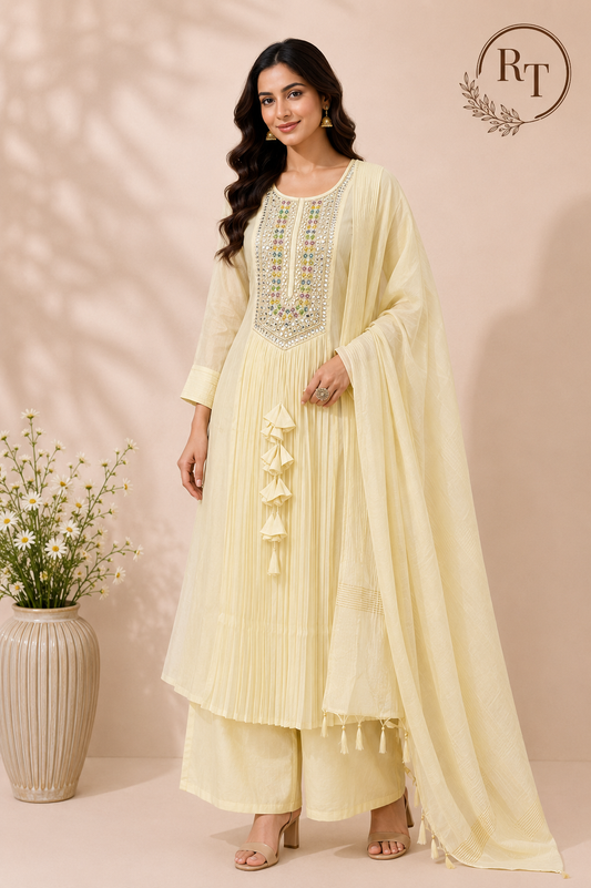 Ivory Pearl Premium Mull Chanderi Embellished A-Line Suit Set (RT1204)