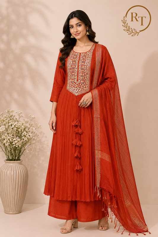 Terracotta Glow Premium Mull Chanderi Embellished A-Line Suit Set (RT1207)