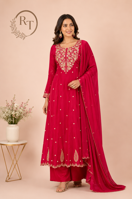 Radiant Fuchsia Premium Chinon Anarkali Suit Set (RT1211)