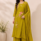 Olive Bloom Mull Chanderi Embroidered A-Line Set (RT1200)