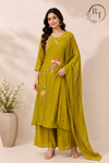 Olive Bloom Mull Chanderi Embroidered A-Line Set (RT1200)