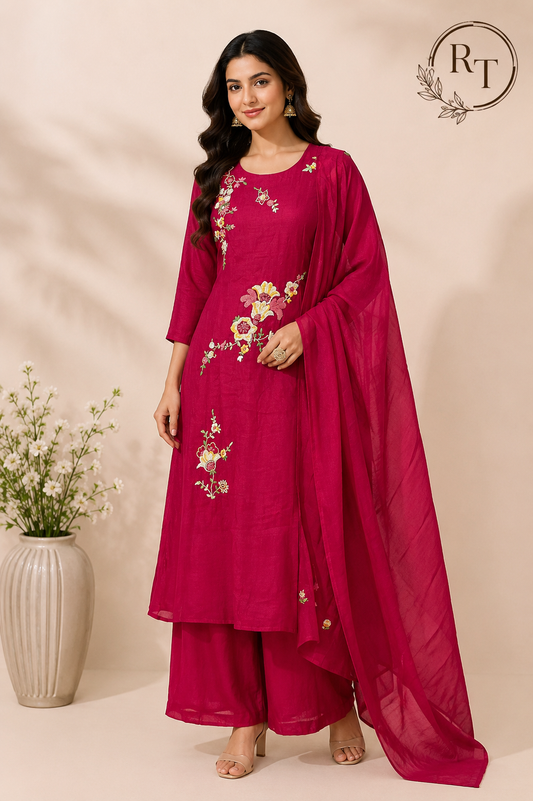 Ruby Blossom Mull Chanderi Embroidered A-Line Set (RT1201)
