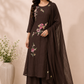 Mocha Flora Mull Chanderi Embroidered A-Line Set (RT1202)