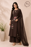 Mocha Flora Mull Chanderi Embroidered A-Line Set (RT1202)