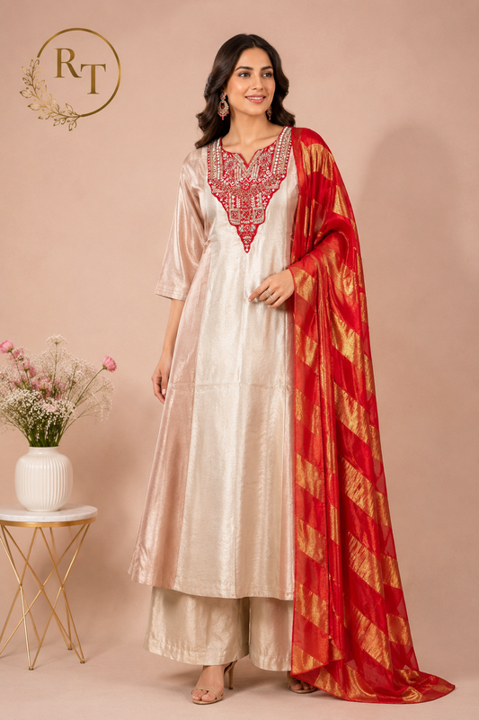 Rose Gold Dual-Tone Metallic Shimmer A-Line Suit Set (RT1217)