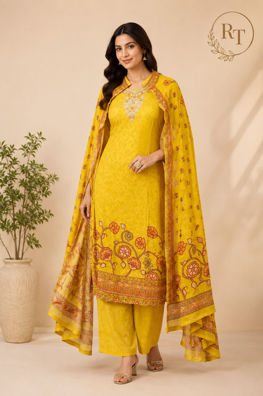 Sunshine Bloom Butter Crepe Cape Suit Set (RT1215)
