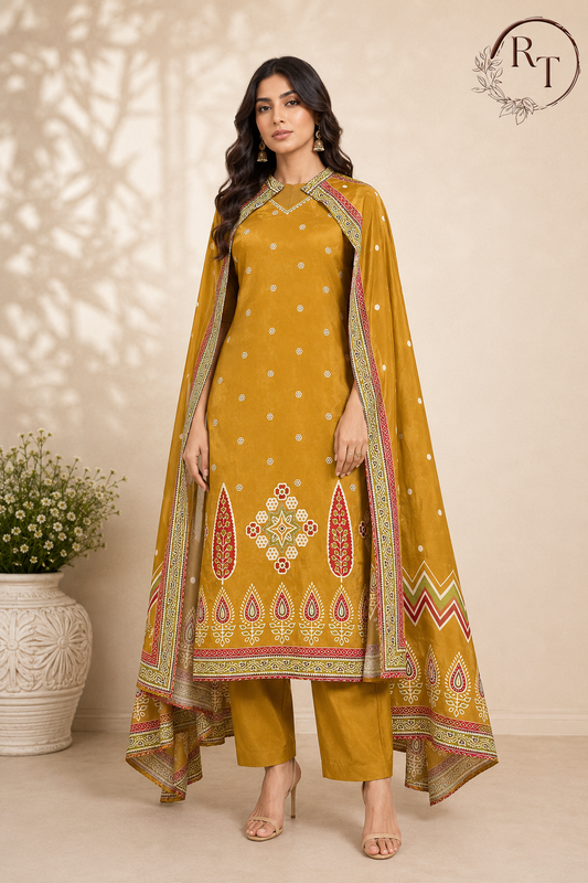 Mustard Royale Butter Crepe Cape Suit Set (RT1212)