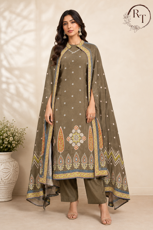Olive Heritage Butter Crepe Cape Suit Set (RT1213)