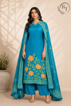 Turquoise Bloom Butter Crepe Cape Suit Set (RT1216)
