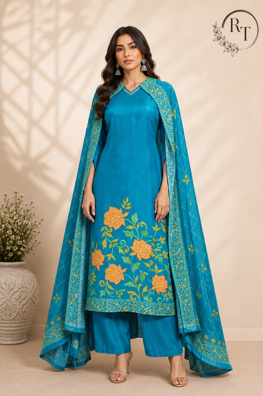 Turquoise Bloom Butter Crepe Cape Suit Set (RT1216)