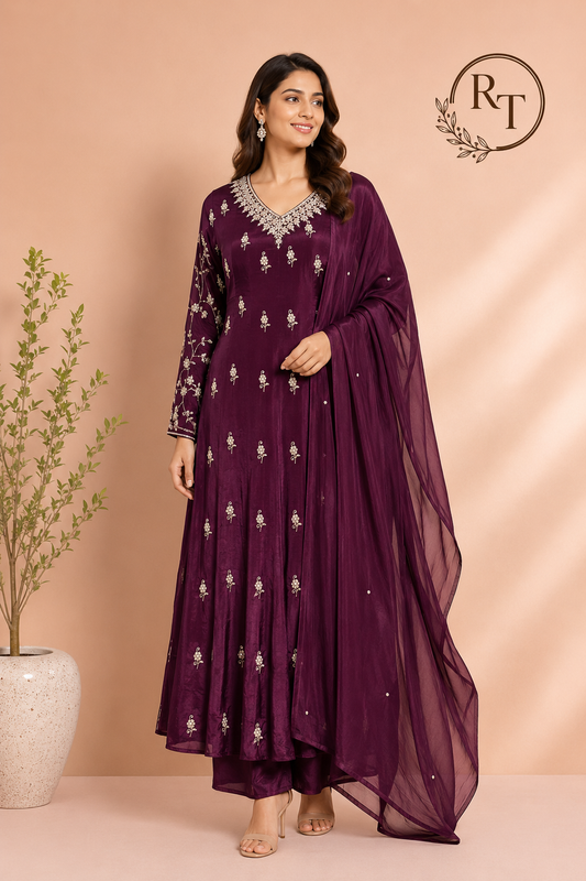 Plum Majesty Chinon Embroidered Anarkali Suit Set (RT1221)
