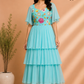 Aqua Bloom Georgette Embroidered Tiered Gown (RT1232)