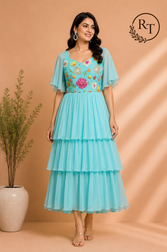 Aqua Bloom Georgette Embroidered Tiered Gown (RT1232)