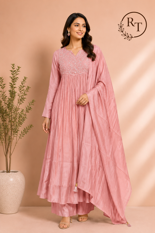 Blush Pearl Mull Chanderi Embroidered 3 Piece Suit Set (RT1227)