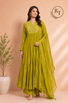 Olive Bloom Mull Chanderi Embroidered 3 Piece Suit Set (RT1226)