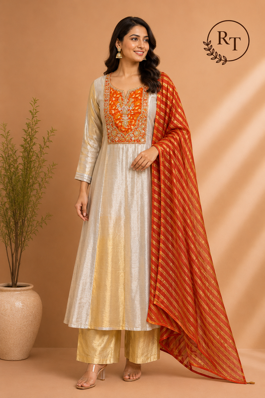 Golden Ember Dual Tone Metallic Shimmer Embroidered A-Line Kurta Set (RT1237)