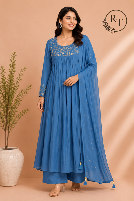 Bluebell Elegance Mull Chanderi Embroidered Anarkali Suit Set (RT1233)