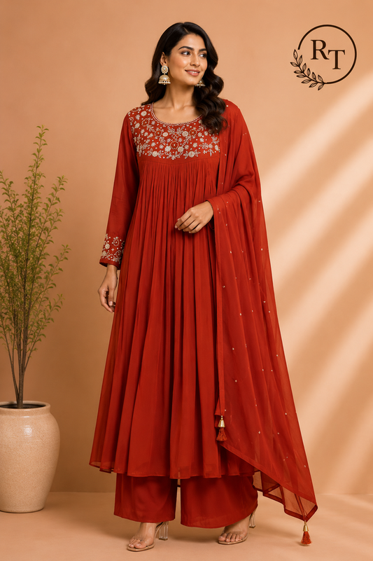Rustic Cinnamon Mull Chanderi Embroidered Anarkali Suit Set (RT1235)
