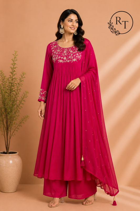 Magenta Muse Mull Chanderi Embroidered Anarkali Suit Set (RT1236)