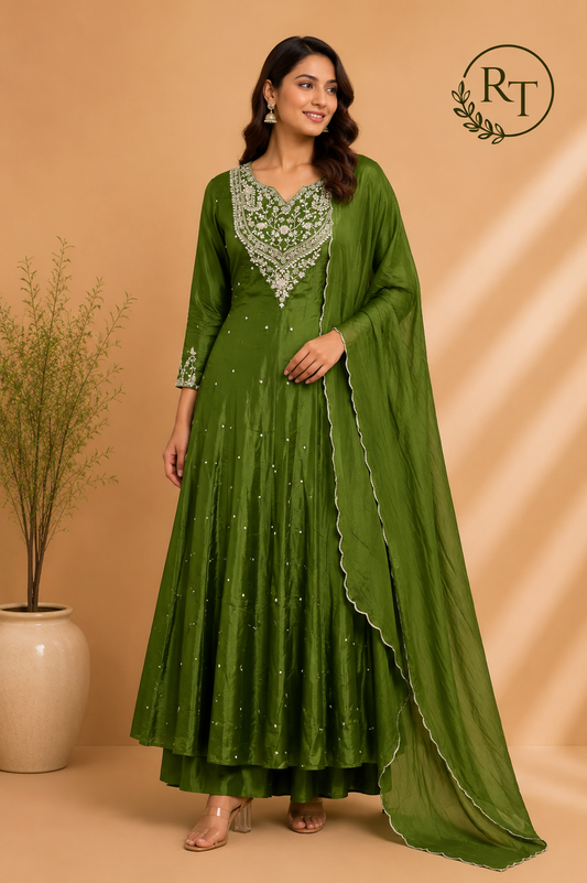 Emerald Royale Chinon Embroidered Anarkali Suit Set (RT1238)